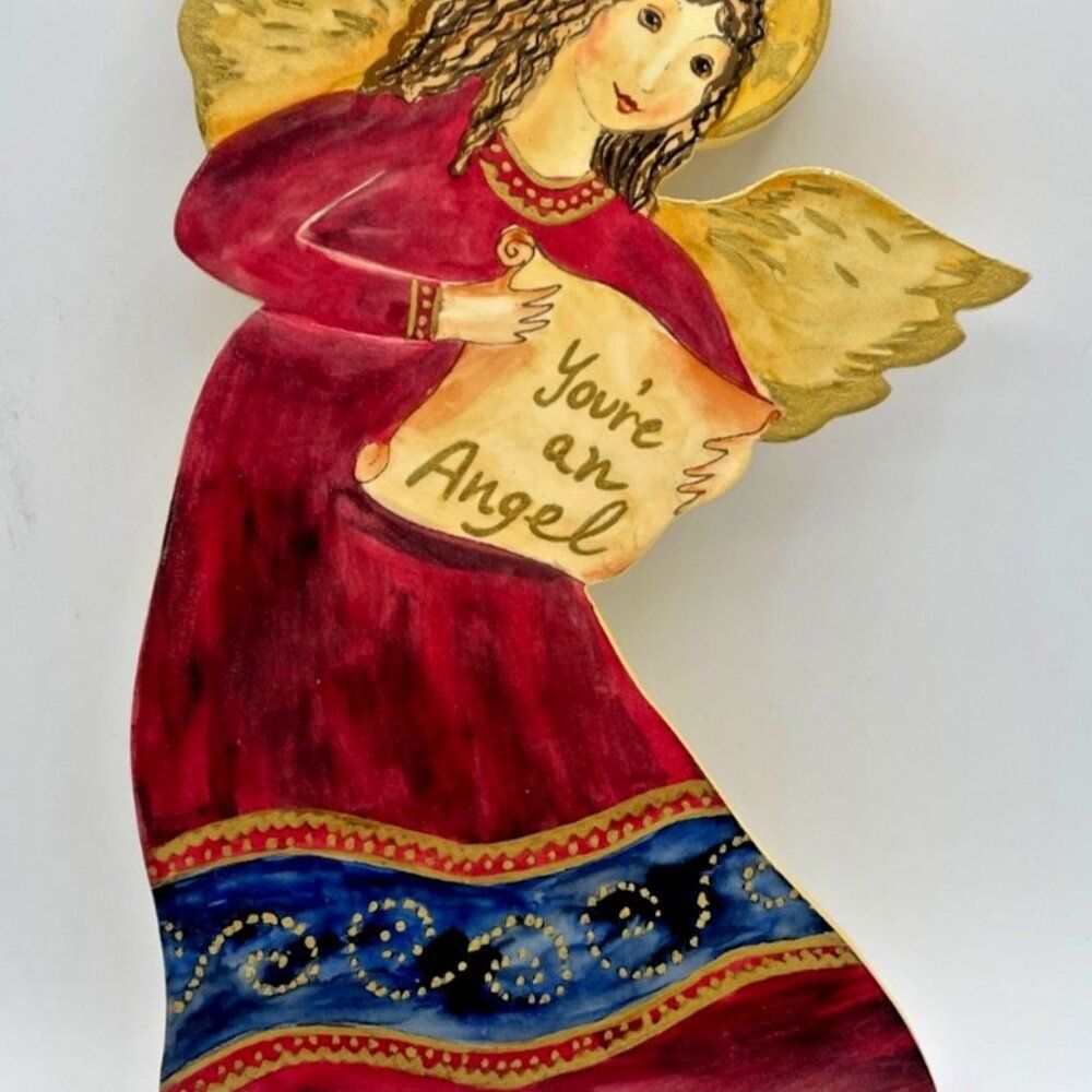 "You're An Angel" Vintage Hand Painted Lacquered Wood Angel Wall Hanging 12"x6"